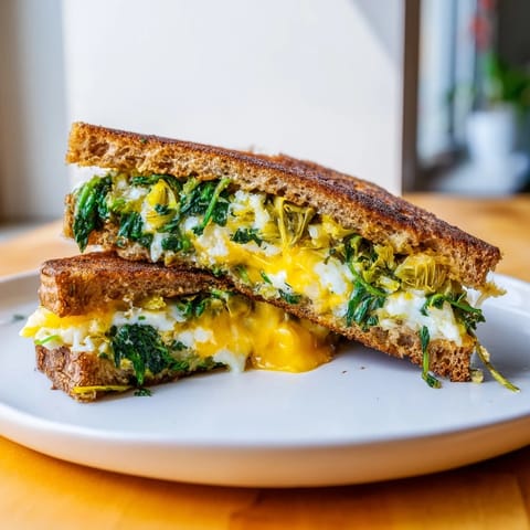 A close-up of a crispy Air Fryer Spinach & Artichoke Dip Grilled Cheese, oozing with delicious, warm cheese.