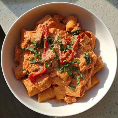 Creamy Lightened-Up Vodka Rosé Pasta, a vibrant green and red masterpiece, perfect for Christmas dinner.