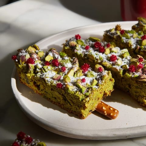 Delicious Matcha Pistachio Christmas Tree Blondie Bars, offering a delightful combination of flavors and textures, perfect for sharing.