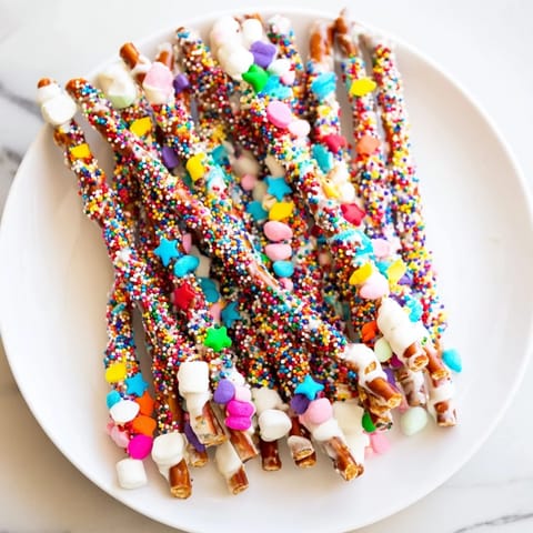 Image of colorful Magical Wand Candy Board, with chocolate dipped pretzels and vibrant candies.