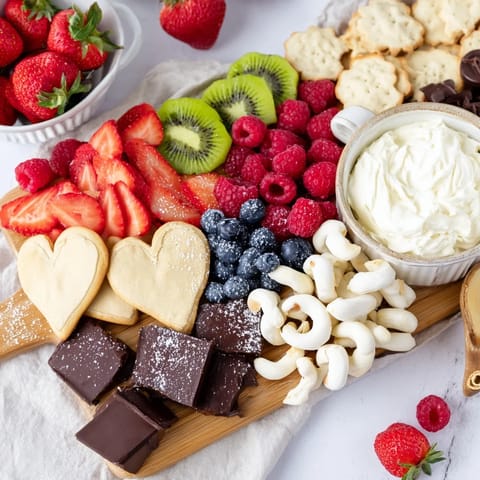A romantic Love Letter Dessert Board, showcasing heart-shaped cookies surrounded by fresh berries and chocolates.