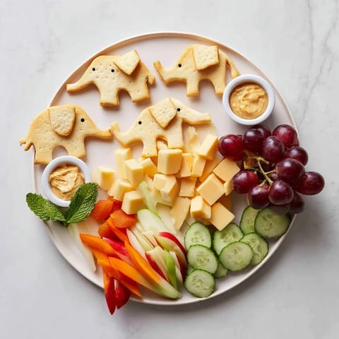 This Gentle Giant Elephant Cracker Board features an inviting arrangement of elephant crackers with grapes and dips.