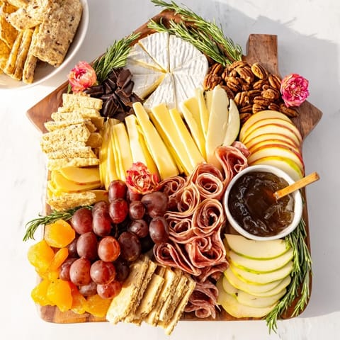 Golden honey and fresh fruit enhance the Sweet Home Charcuterie Board with inviting flavors and textures.