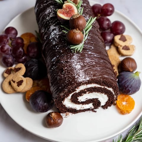 Deliciously arranged Winter Warmer dessert board features a chocolate fire log, candied fruit, perfect for sharing.