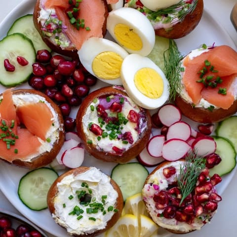 Holiday brunch: a delicious Cranberry Sleigh Bagel Board with bagels, colorful garnishes, and assorted toppings.