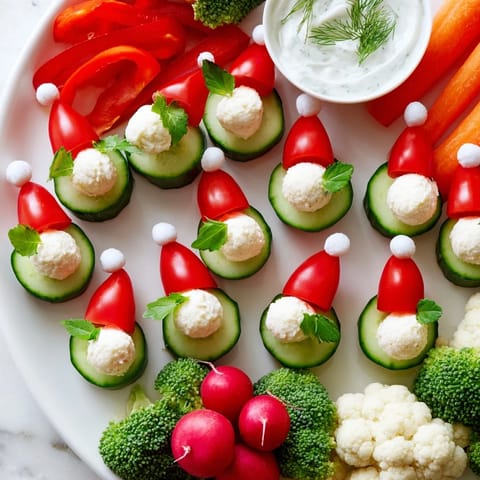 A colorful Savory Crudités platter showcases Santa hats crafted with tomatoes, mozzarella, and a fresh dip.