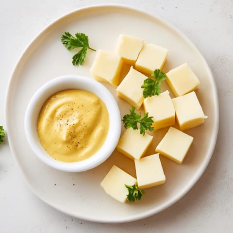 Close-up of a cheese platter: Gouda cubes ready to dip with homemade tangy mustard.