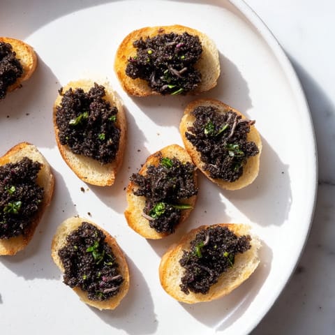 Delicious, coarsely chopped black olive tapenade, speckled with herbs, ready to spread on toasted crostini.