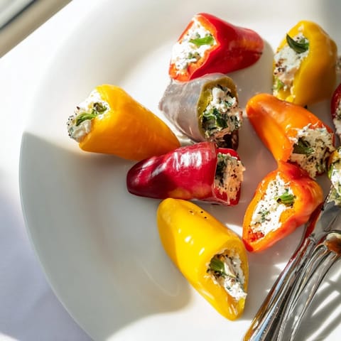 Freshly filled mini bell pepper halves, bursting with feta, perfect as a colorful and flavorful treat.