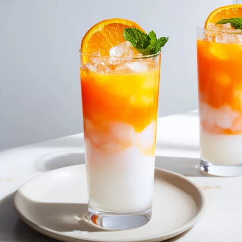 Vibrant layered Alpine Sunrise mocktail: creamy coconut base with bright orange and grenadine topping, beautiful.