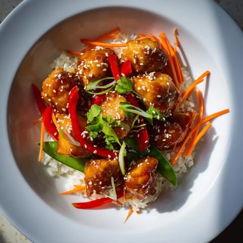 A close-up of a delicious Sesame Ginger Rice Bowl, ready to serve with fresh cilantro garnish.