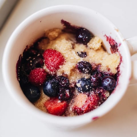 Warm Mixed Berry Cobbler Mug Cake with a tender, golden crust, perfect for a quick dessert.