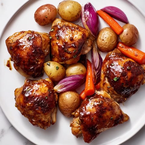 Crispy-skinned Maple Dijon Chicken Thighs with a sweet glaze, alongside vibrant roasted carrots and potatoes.