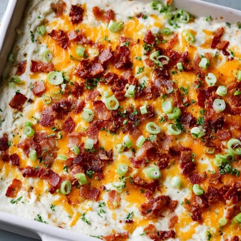 Golden and bubbly Cheesy Bacon Ranch Dip, a perfect appetizer loaded with bacon and sharp cheddar.