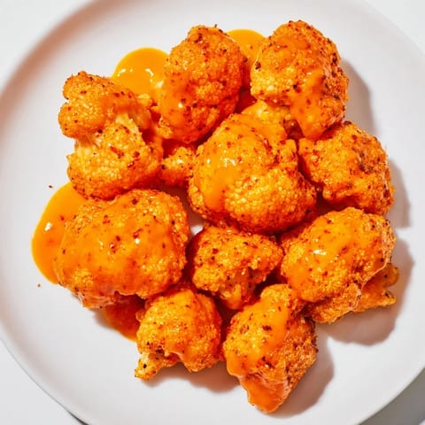 Crispy, flavorful Buffalo Cauliflower Bites coated in a spicy sauce, perfect for a party appetizer.