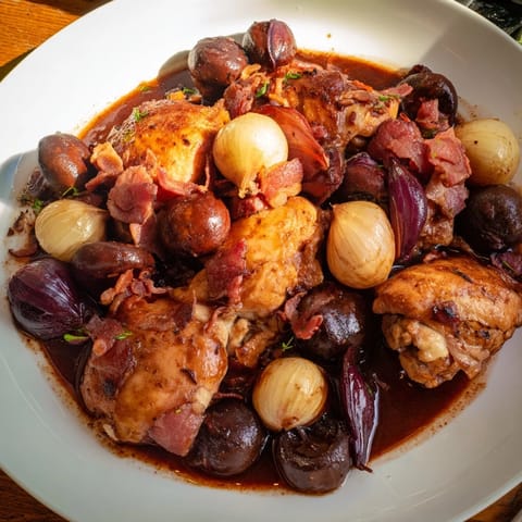 This delicious Coq au Vin showcases braised chicken, pearl onions, and crispy bacon in a flavorful recipe.