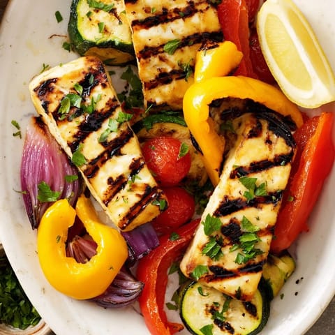 A close-up of seared halloumi cheese steak garnished with parsley and drizzled with balsamic on a rustic Mediterranean platter.  