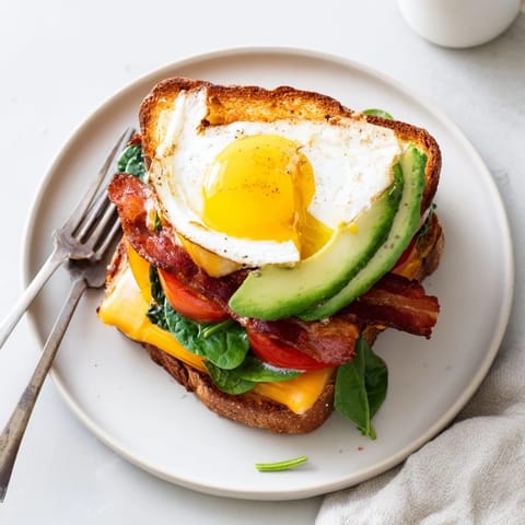 Perfectly melted cheddar cheese and fresh spinach layer on a hearty Loaded Breakfast Sandwich for an easy morning meal.