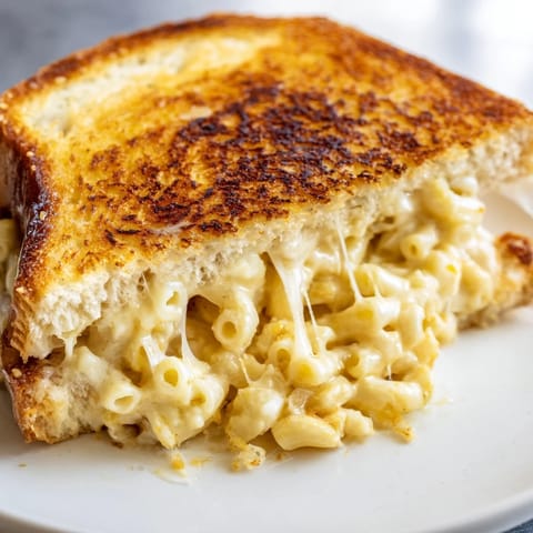Hot, melted cheddar oozes from the crispy toasted bread of this homemade Mac & Cheese Grilled Cheese sandwich.