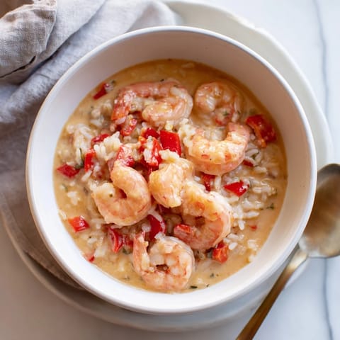 Platter of creamy Cajun shrimp rice bowl, shrimp glistening in sauce beside lemon wedges and extra parsley.