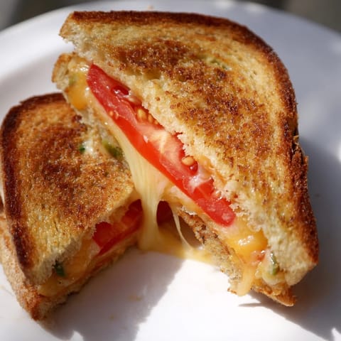 Freshly grilled Pepper Jack & Tomato Grilled Cheese served with a bowl of tomato soup. 