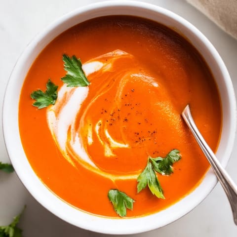 Roasted red pepper soup simmering in a pot with caramelized garlic and a hint of harissa.