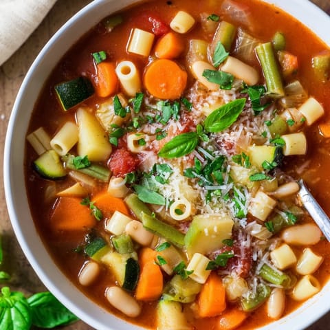Hearty Minestrone Vegetable Soup simmered with carrots, celery, and green beans, served in a rustic bowl with a slice of crusty Italian bread.  