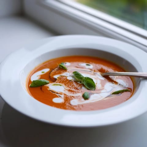 A ladle pours velvety tomato and basil soup alongside a grilled cheese sandwich for dipping.  
