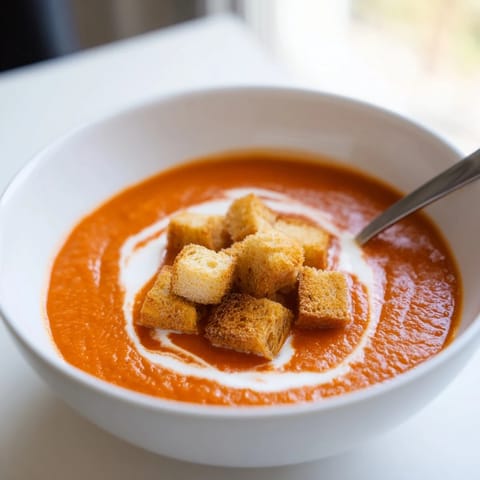 Roasted tomato soup garnished with golden, homemade croutons on a rustic kitchen table.