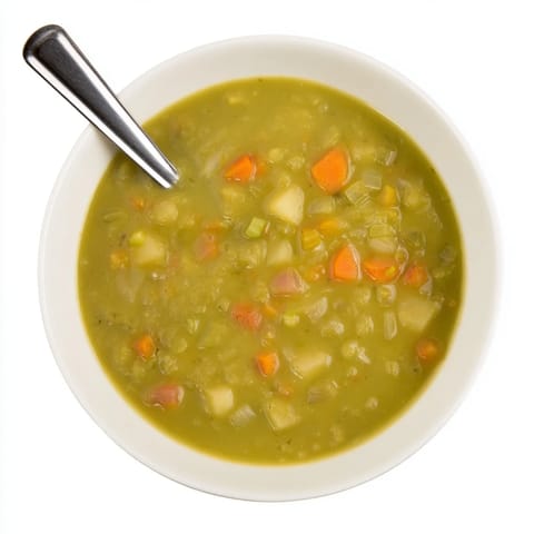 Rustic homemade Split Pea Soup simmering in a pot, featuring tender green peas, diced carrots, potatoes, and fresh thyme for a hearty winter meal.