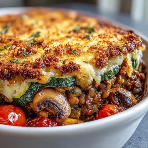 Savory Green Lentil and Vegetable Casserole served from a baking dish, garnished with fresh parsley alongside a green salad.