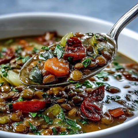 Hearty Lentil and Vegetable Soup in a rustic mug with roasted vegetables and a lemon wedge.