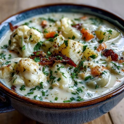 Close-up of Vegetarian Cauliflower Chowder showing tender potatoes, carrots, and cauliflower florets.