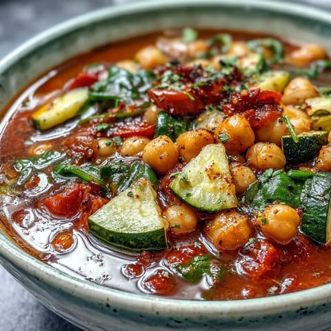 Vibrant Chickpea Stew simmering in a pot with diced tomatoes, carrots, and fresh spinach, ready to serve.
