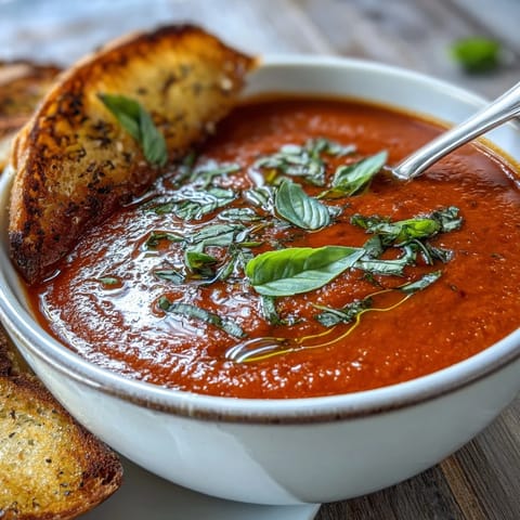 Silky Tomato and Basil Soup served steaming hot in a white bowl, garnished with fresh basil and olive oil.