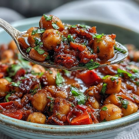 A hearty pot of Spicy Chickpea Stew simmering with diced carrots and tomatoes in rich spices.