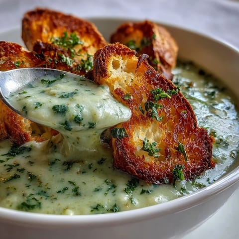 Creamy Cauliflower and Broccoli Soup is ladled into a white bowl, topped with golden croutons and fresh parsley.