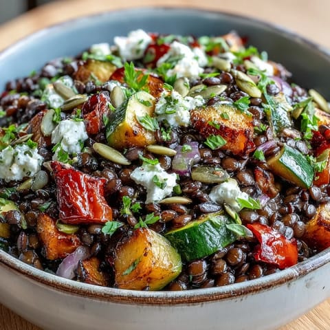 Hearty Black Lentil Salad topped with crumbled feta, fresh parsley, and pumpkin seeds, ready to serve.