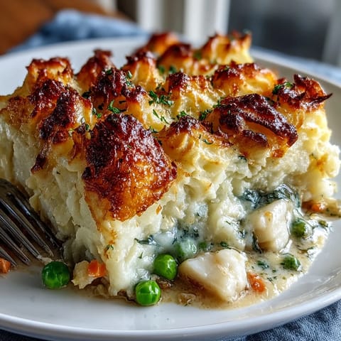 A slice of Curried Fish Pie reveals flaky white fish and shrimp in golden curry sauce.