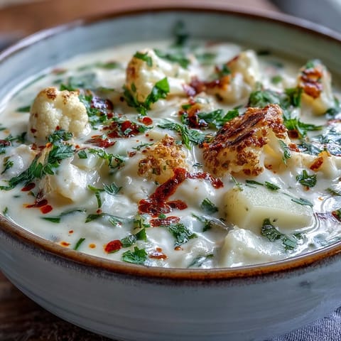 Vegetarian cauliflower chowder simmering in a pot with tender potatoes and carrots, steam rising from the aromatic, golden broth.