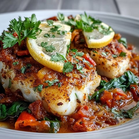 Spiced Cod One Pot stew in a rustic skillet, garnished with cilantro and served alongside lemon wedges on a wooden table.