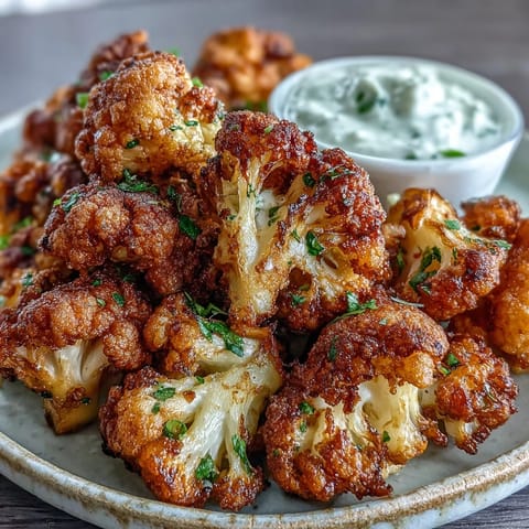 Crispy, spiced Cauliflower Bhajis arranged on a rustic plate with a bowl of cool yogurt dip, perfect for a gluten-free appetizer.