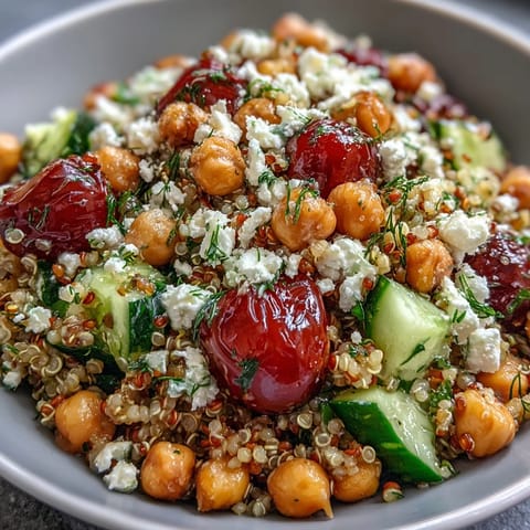 A colorful bowl of High Protein Quinoa & Chickpea Salad topped with fresh herbs and bright dressing.
