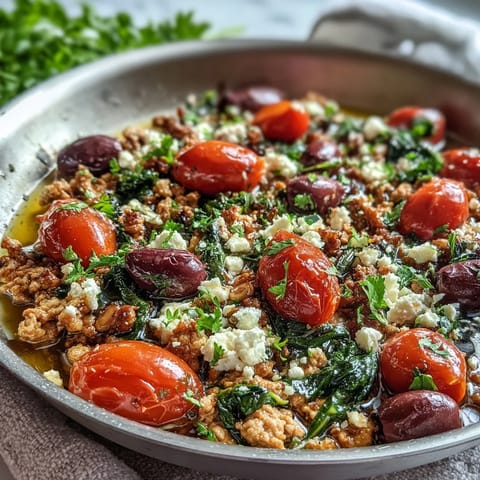 Sizzling Mediterranean Keto Ground Chicken Skillet featuring wilted spinach and briny olives, garnished with fresh parsley and lemon.