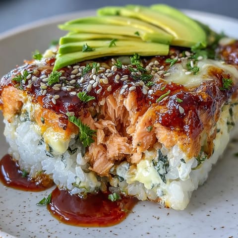 Freshly baked Spicy Salmon Sushi Bake with melted cheese and drizzled sriracha mayo, ready to scoop.