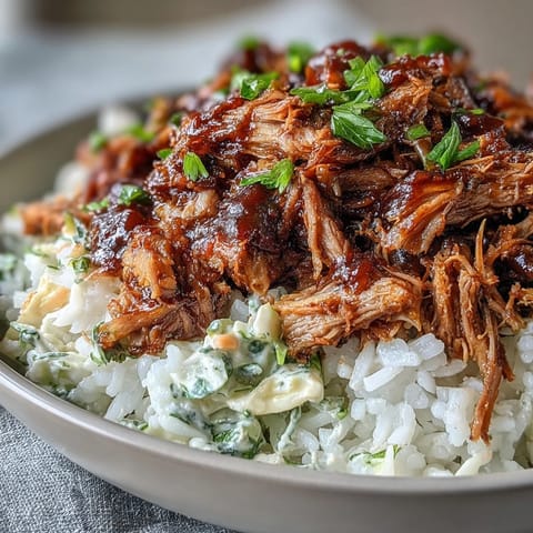 Golden bowl of pulled pork, fluffy rice, and crunchy coleslaw, drizzled with smoky barbecue sauce and fresh cilantro garnish.