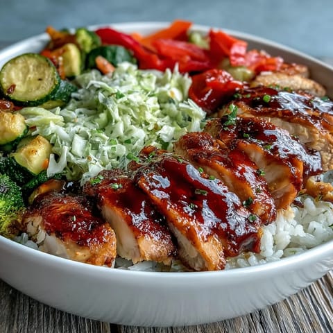 Juicy BBQ-glazed chicken slices lie over fluffy white rice with crisp coleslaw and roasted vegetables in this BBQ Chicken Bowl.