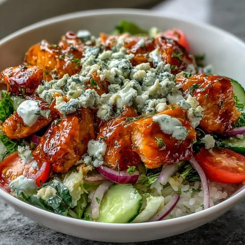 Spicy Buffalo Chicken Bowl with crisp romaine, cherry tomatoes, carrots, and cucumber, drizzled with creamy ranch and blue cheese crumbles over warm rice.