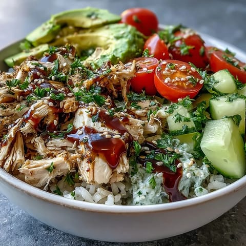 Bright cherry tomatoes and creamy avocado top a generous Rotisserie Chicken Bowl with steamed broccoli on brown rice.