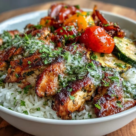Sliced herb-roasted chicken and colorful roasted vegetables are arranged in a bowl, drizzled with a bright, zesty lemon dressing.